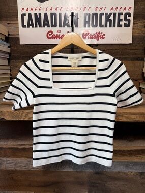 Happily Grey Women's White & Black Striped Square-Neck Short Sleeve Tee